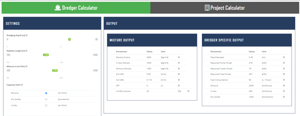 Comprehensive online dredge calculation tool.