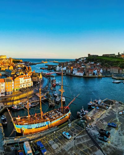 Morning view of Whitby, a seside city overlooking the North Sea in North Yorkshire, England, UK