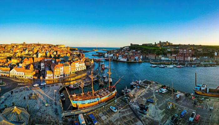 Morning view of Whitby, a seside city overlooking the North Sea in North Yorkshire, England, UK