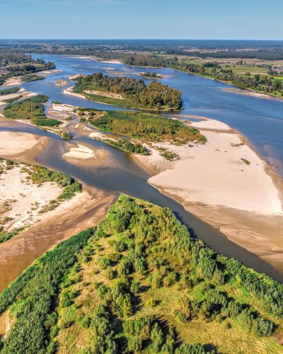 Aerial view on set of wild beaches on large river