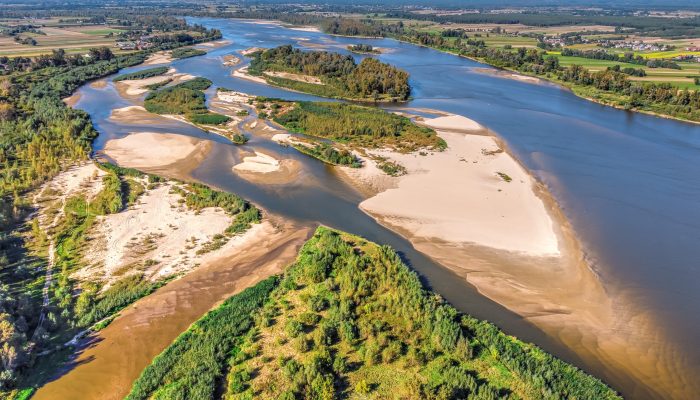 Aerial view on set of wild beaches on large river