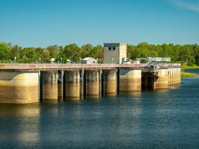 North Pine Dam built in 1976 with a concrete spillway across the