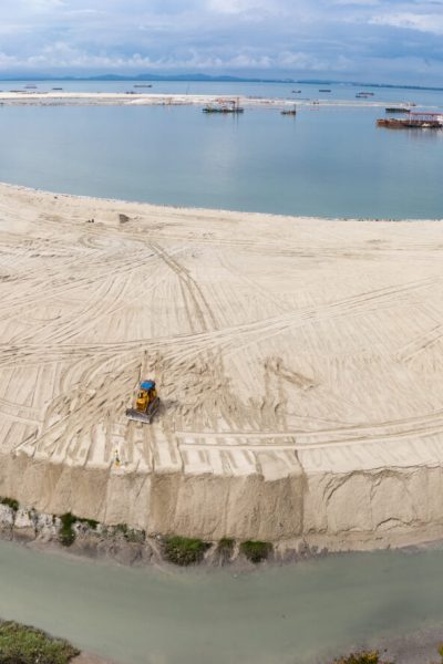 Aerial panoramic view of Penang's Gurney Drive sea reclamation